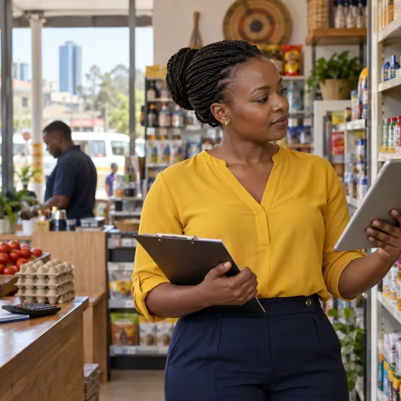 Small wholesale business owner reviewing records for accounting services in Kenya